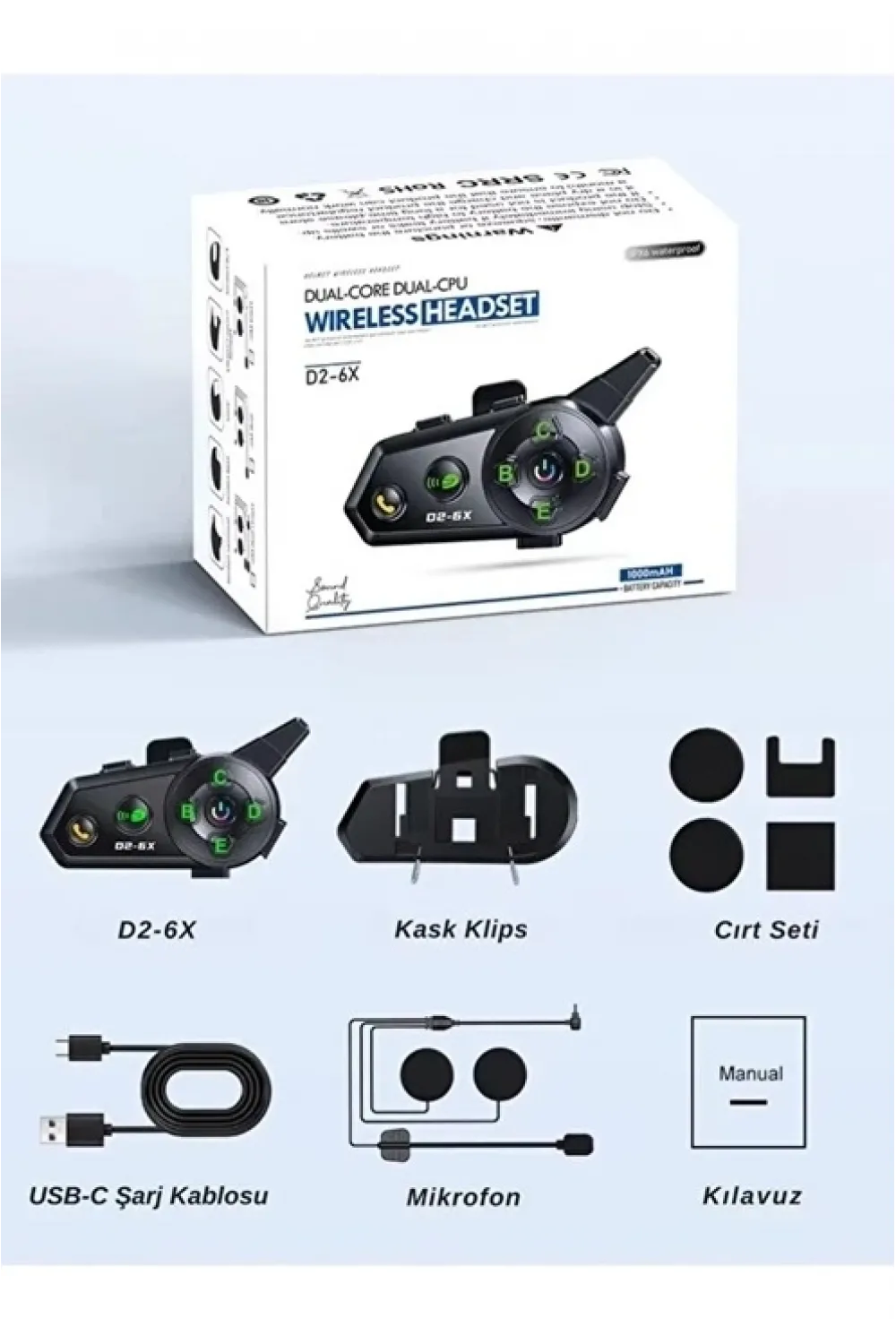 D2-6x 1000m Mesafeli 6 Kanallı İntercom Bluetooth Motosiklet Kask Kulaklığı İntercom Kulaklık