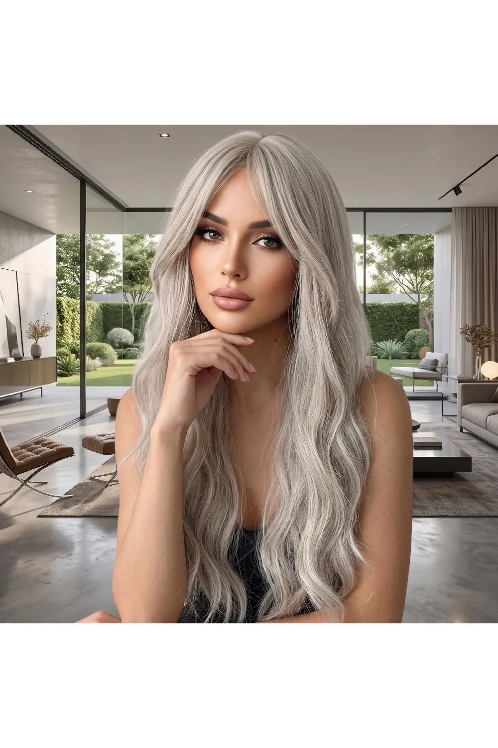 Dalgalı Perçemli Uzun Fiber Sentetik Peruk - Küllü Platin Sarı