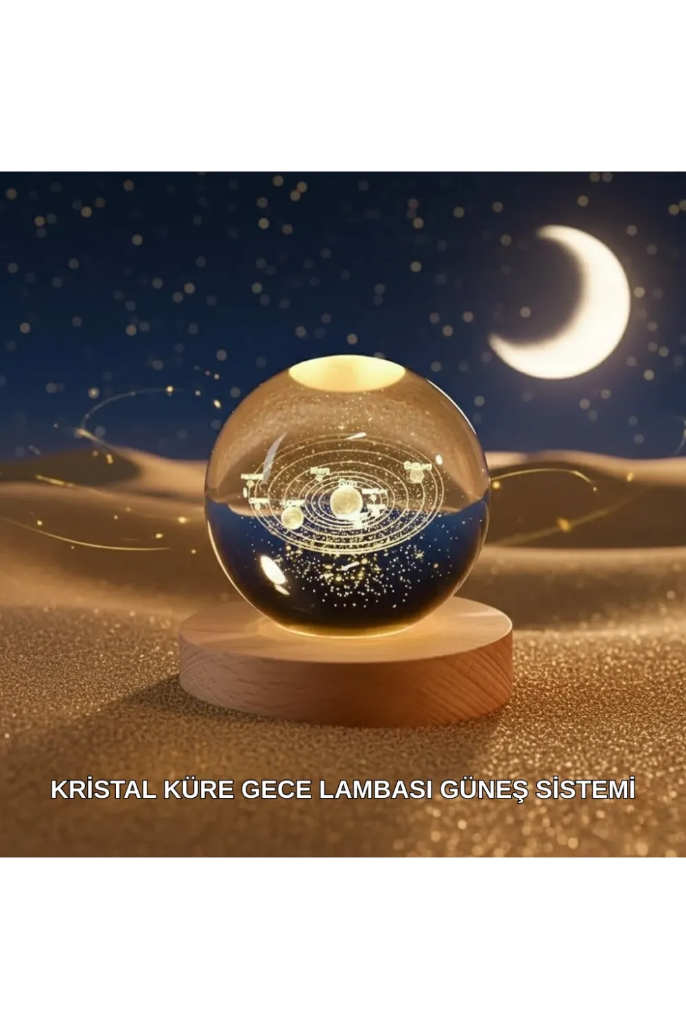 Dekoratif Led Kristal Küre Ahşap Altlıklı Şık Gece Lambası