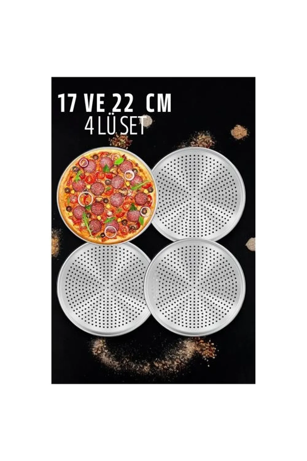 Delikli Pizza Lahmacun Tepsisi Çelik 17 ve 22 CM 4 lü SET 721570