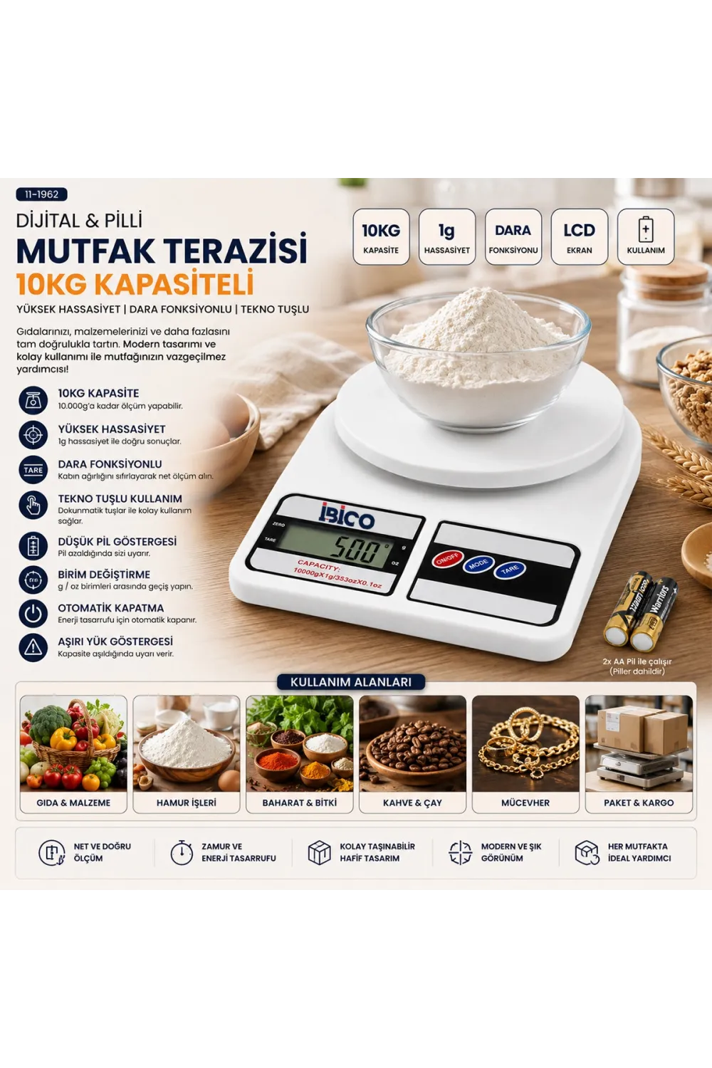 Dijital - Pilli Mutfak Terazisi Tartı 10kg / 1gr
