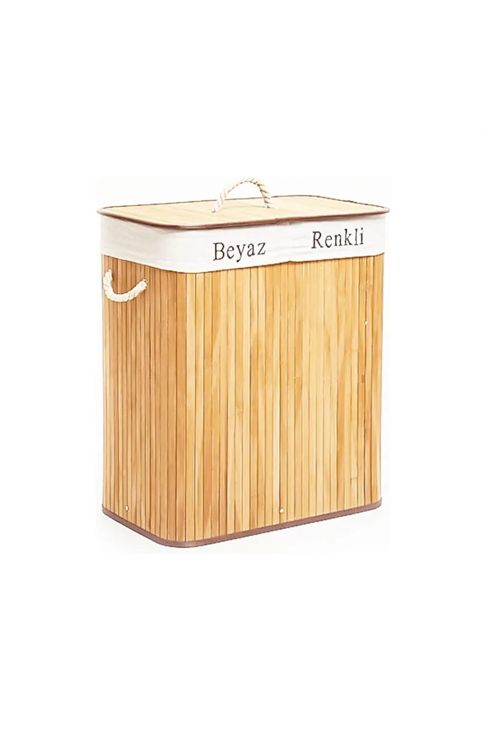 Dikdörtgen İki Bölmeli İç Bez Bambu Ahşap Kirli Çamaşır Sepeti İp Kulp 52x32x62cm