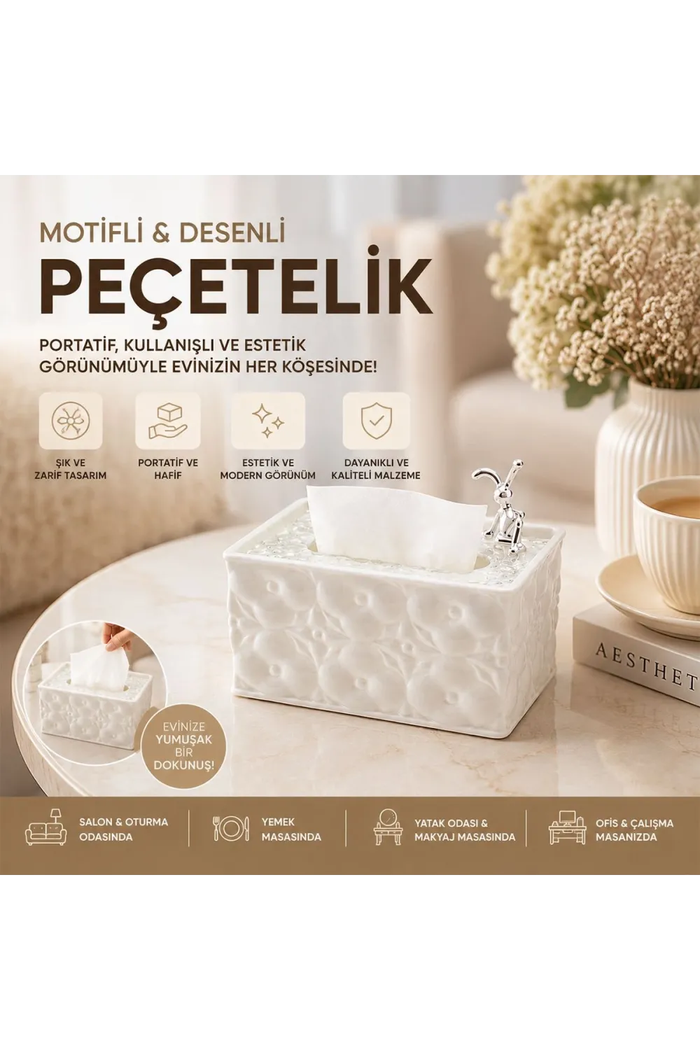 Dikdörtgen Masaüstü Peçetelik (18.4×12.5×9 cm) Beyaz