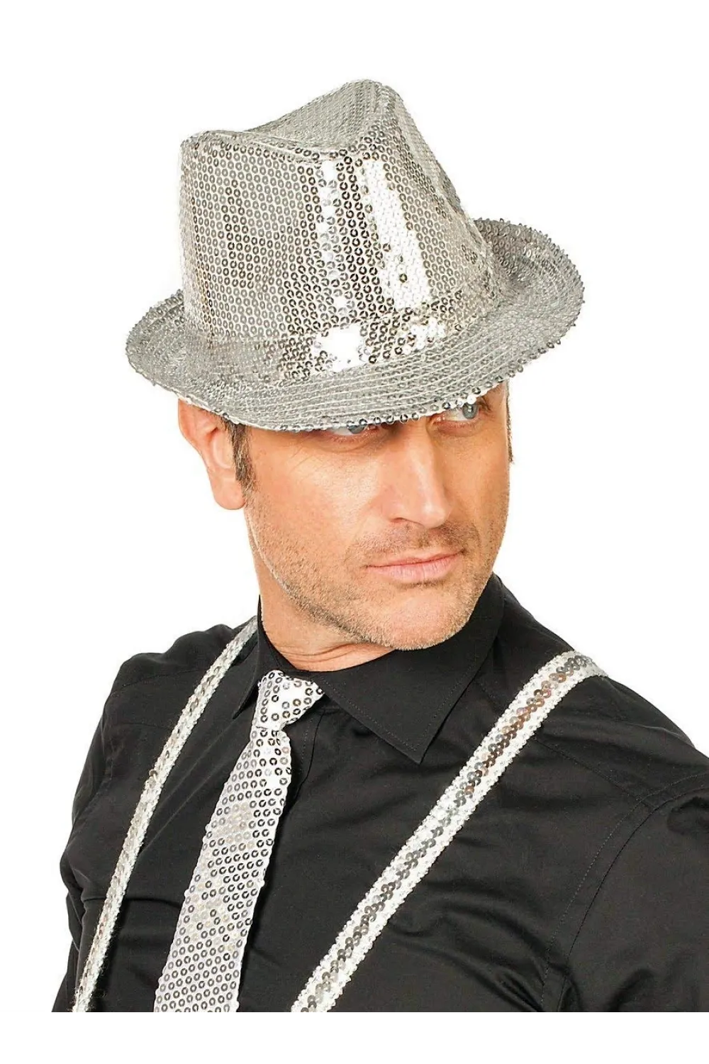 Disko Star Gümüş Payetli Fötr Şapka Yetişkin Boy