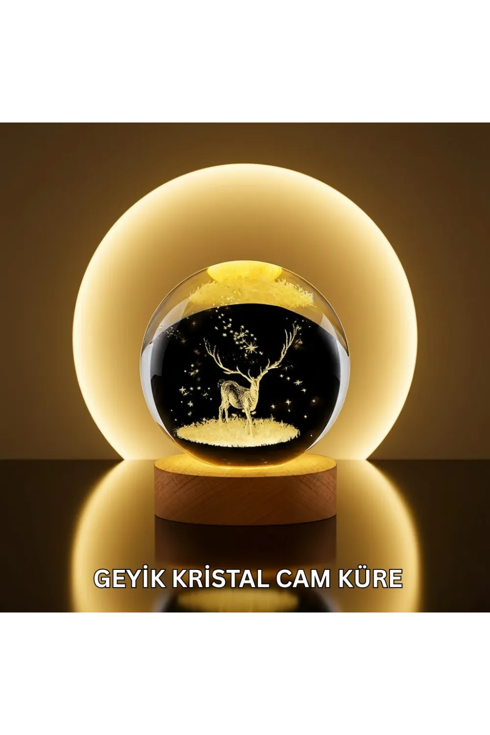 Doğal Ahşap Standlı Geyik Figürlü Kristal Küre Led Dekoratif Lamba