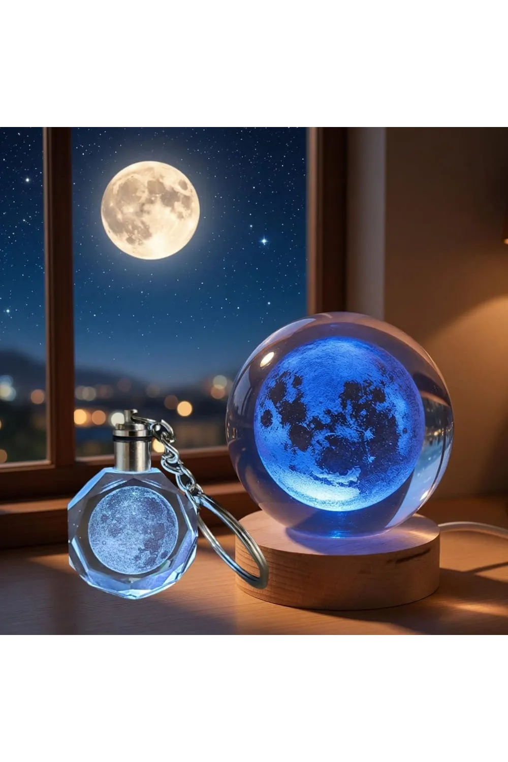 Dolunay Tasarımlı Renk Değiştiren Cam Küre Ve Anahtarlık Set