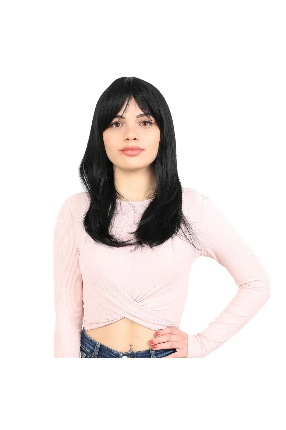 Düz Perçemli Orta Boy Fiber Sentetik Peruk - Siyah
