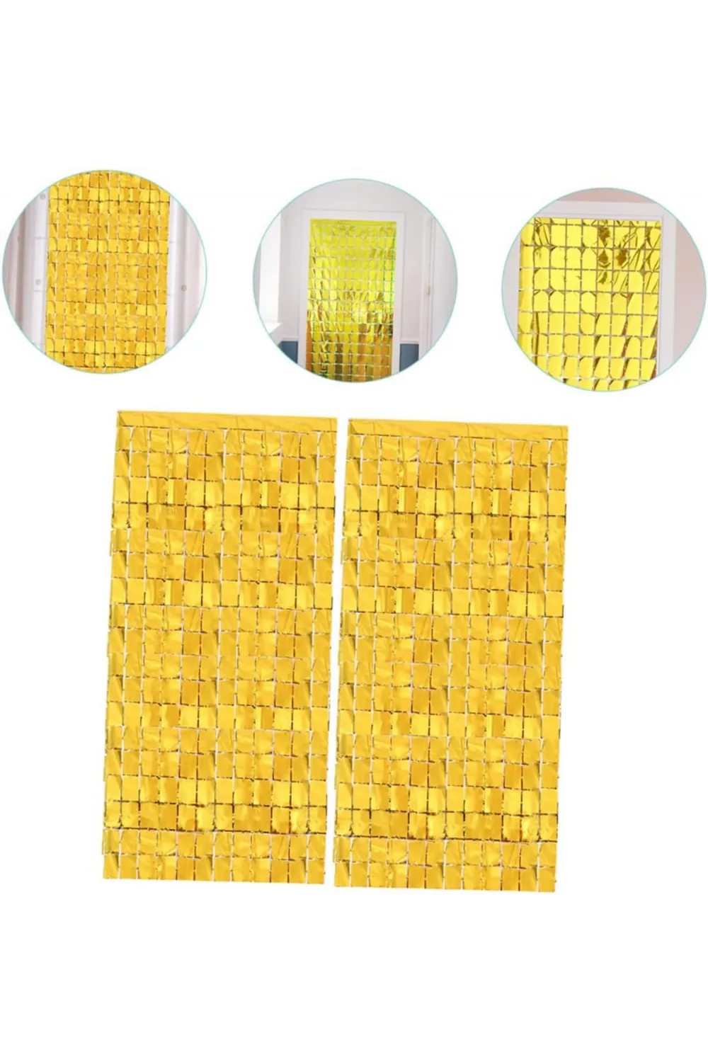 Ekstra Metalize Altın Renk Disko Dikdörtgen Kesim Kapı Perdesi Dekorasyon 1x2 Metre