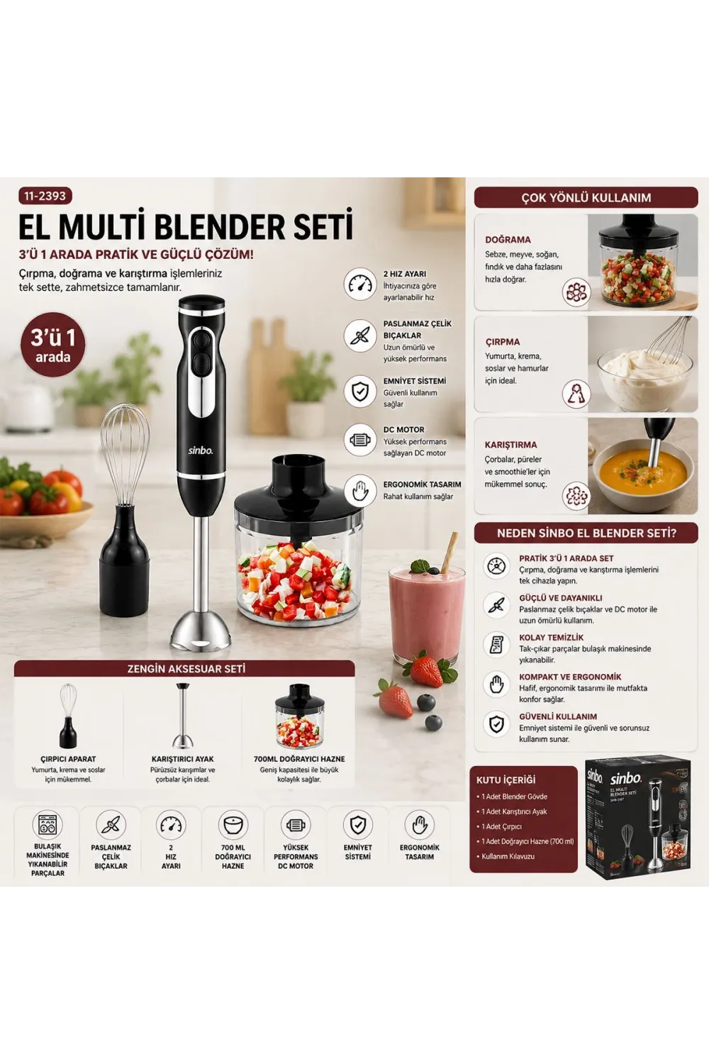 El Blender Seti 700 ml Paslanmaz Çelik Bıçak 2 Hız