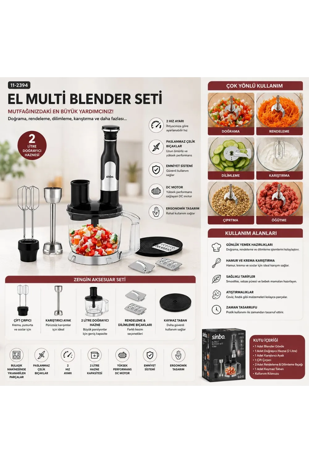El Multi Blender Seti - 2 Hız, Paslanmaz Çelik Bıçak, 2 L Hazneli
