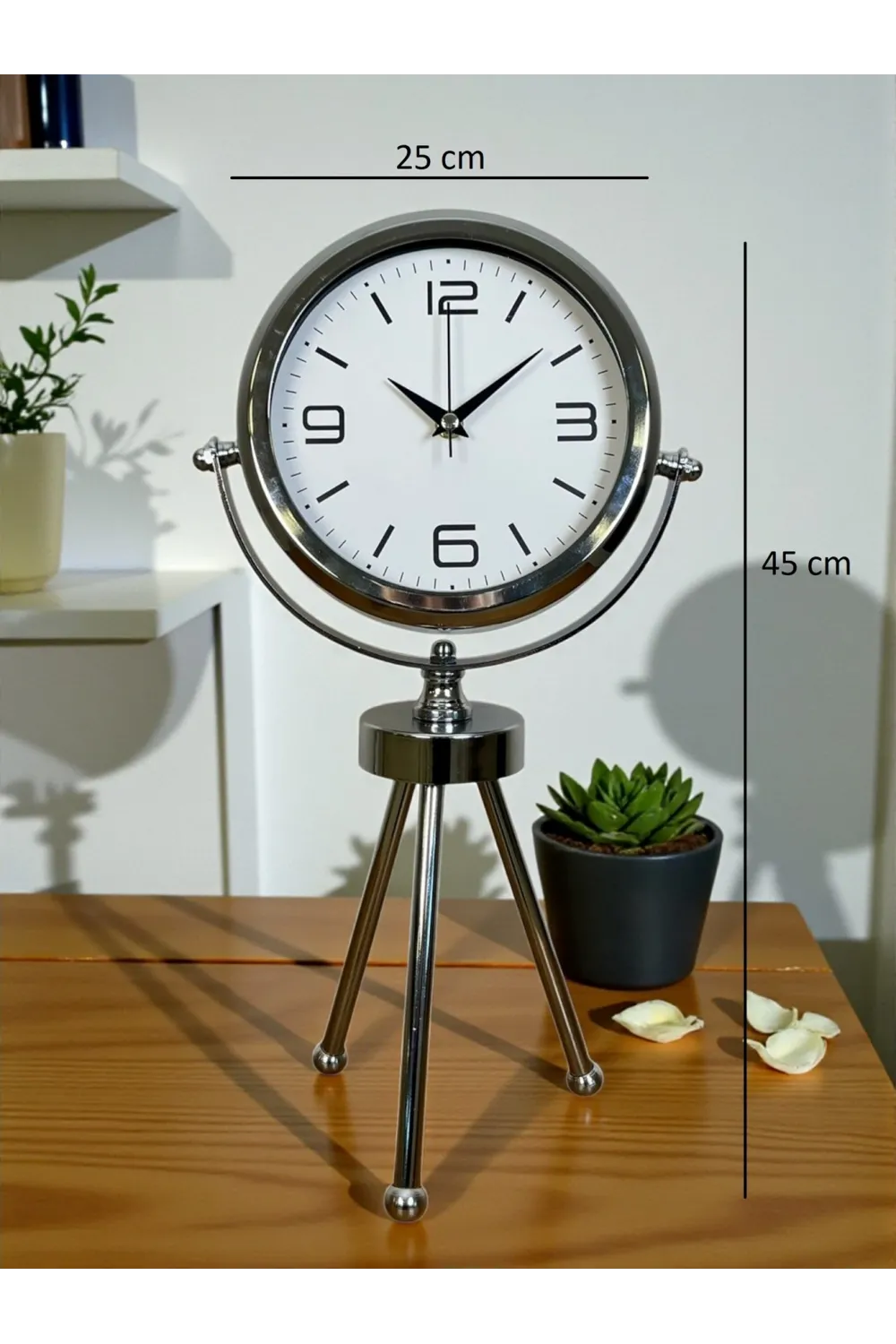 Elegance Krom Tripod Üç Ayaklı Metal Masa Saati