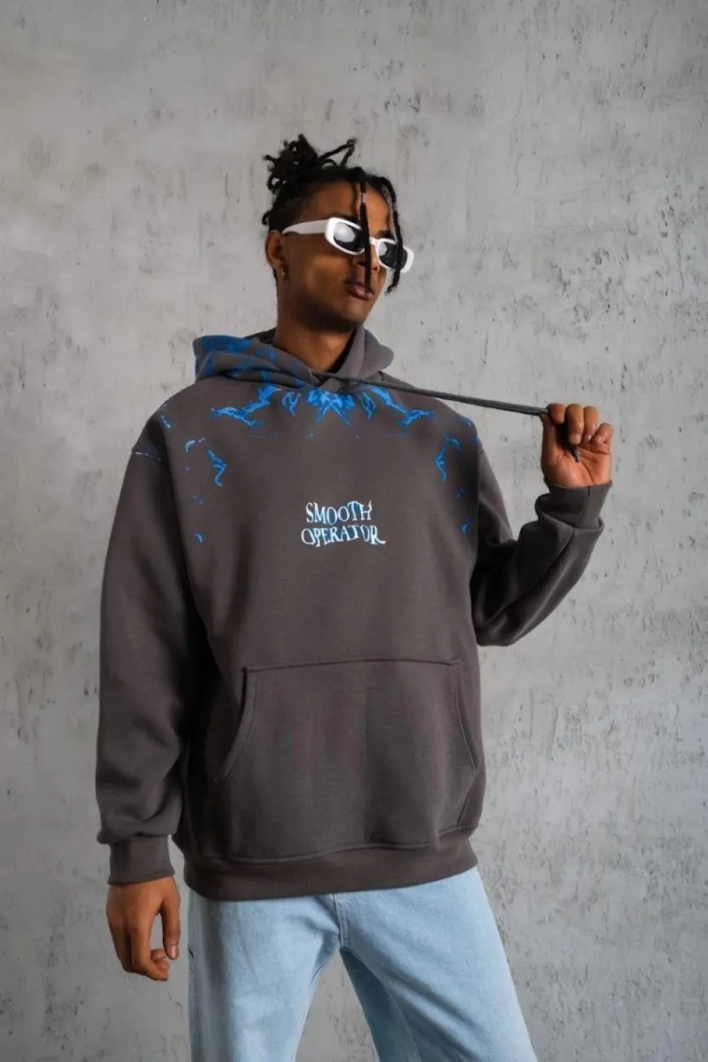 Erkek 3 İplik Pamuklu Kapüşonlu Baskılı Cepli Oversize Sweatshirt Hoodie - Gri