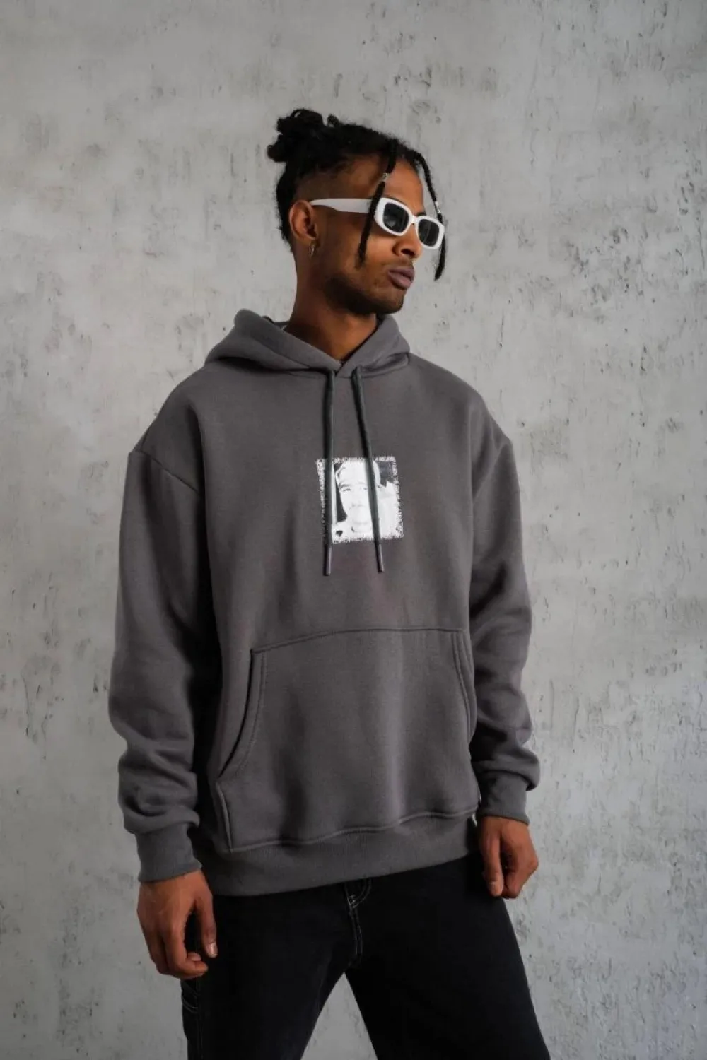 Erkek 3 İplik Pamuklu Kapüşonlu Baskılı Cepli Oversize Sweatshirt Hoodie - Gri