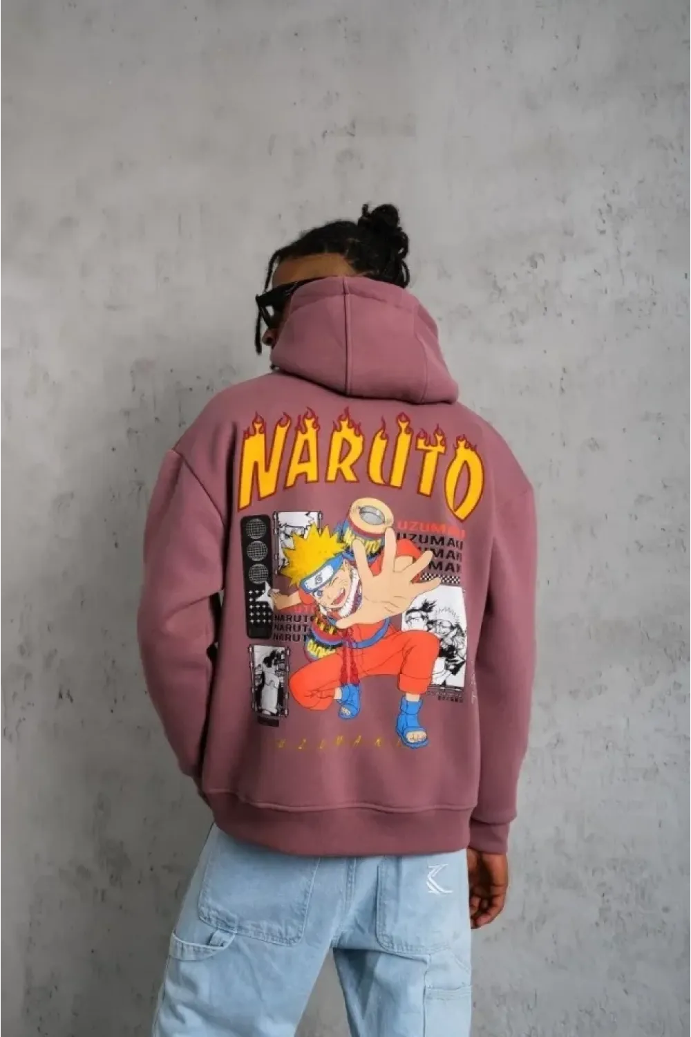 Erkek 3 İplik Pamuklu Kapüşonlu Baskılı Cepli Oversize Sweatshirt Hoodie - Gül Kurusu