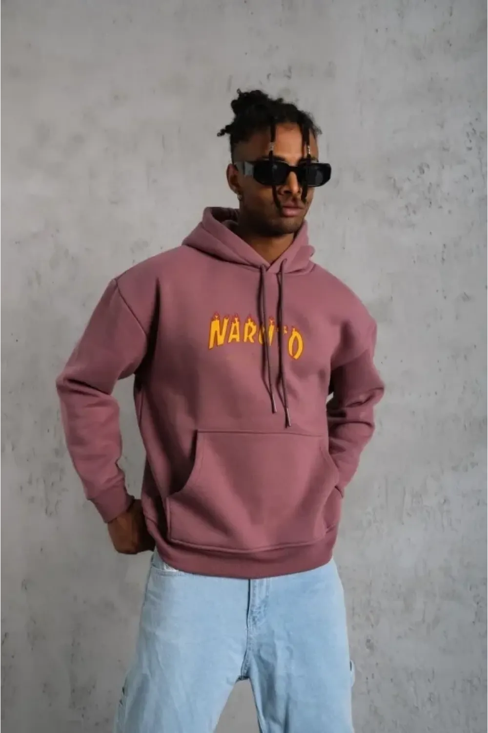 Erkek 3 İplik Pamuklu Kapüşonlu Baskılı Cepli Oversize Sweatshirt Hoodie - Gül Kurusu