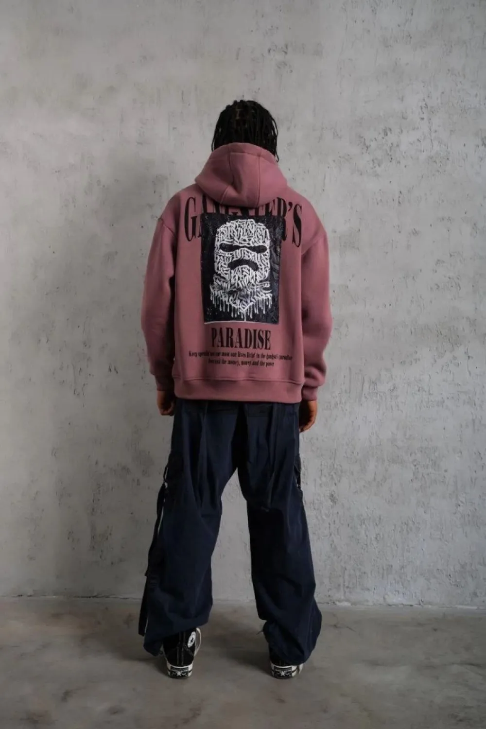 Erkek 3 İplik Pamuklu Kapüşonlu Baskılı Cepli Oversize Sweatshirt Hoodie - Gül Kurusu