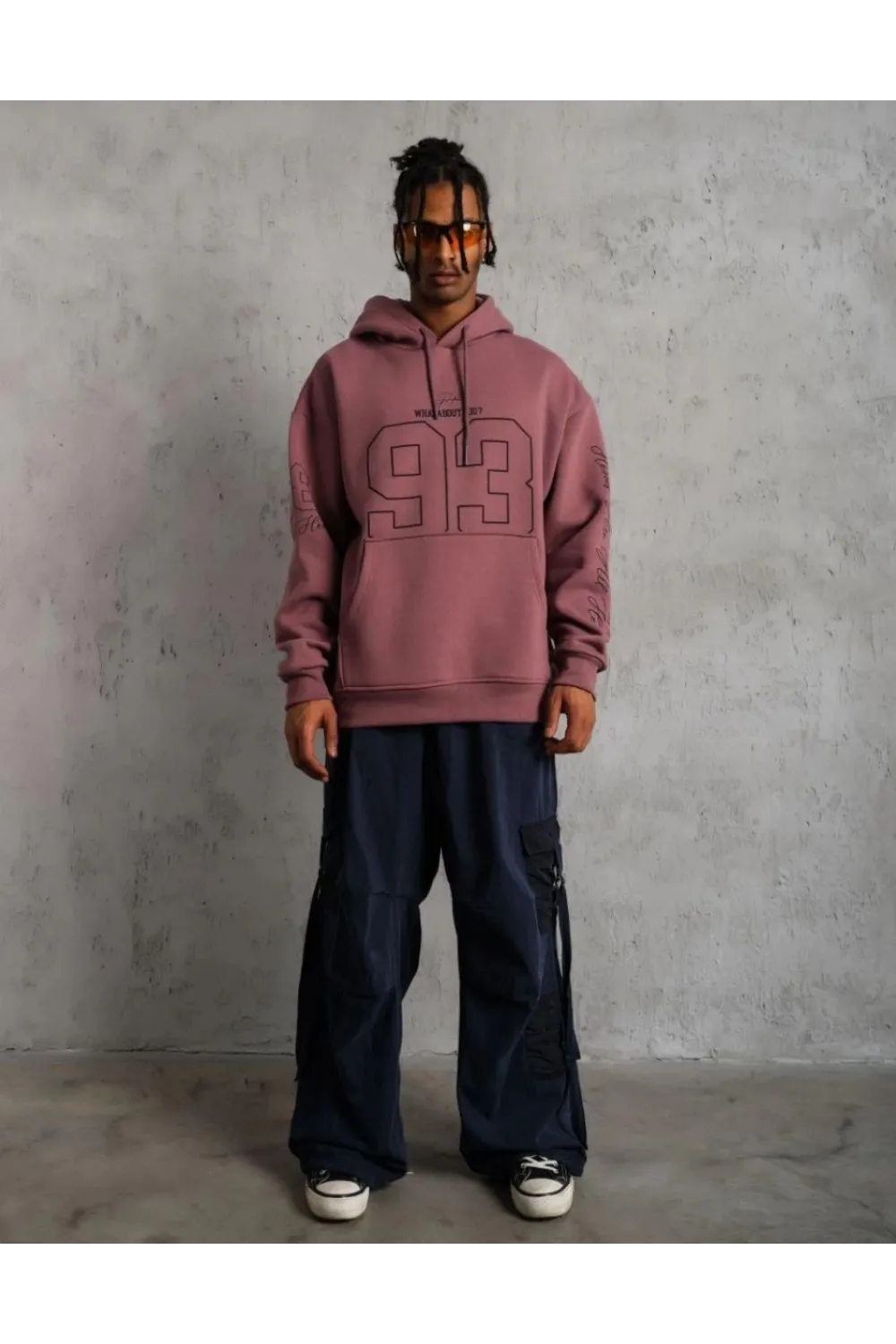 Erkek 3 İplik Pamuklu Kapüşonlu Baskılı Cepli Sweatshirt Hoodie - Gül Kurusu