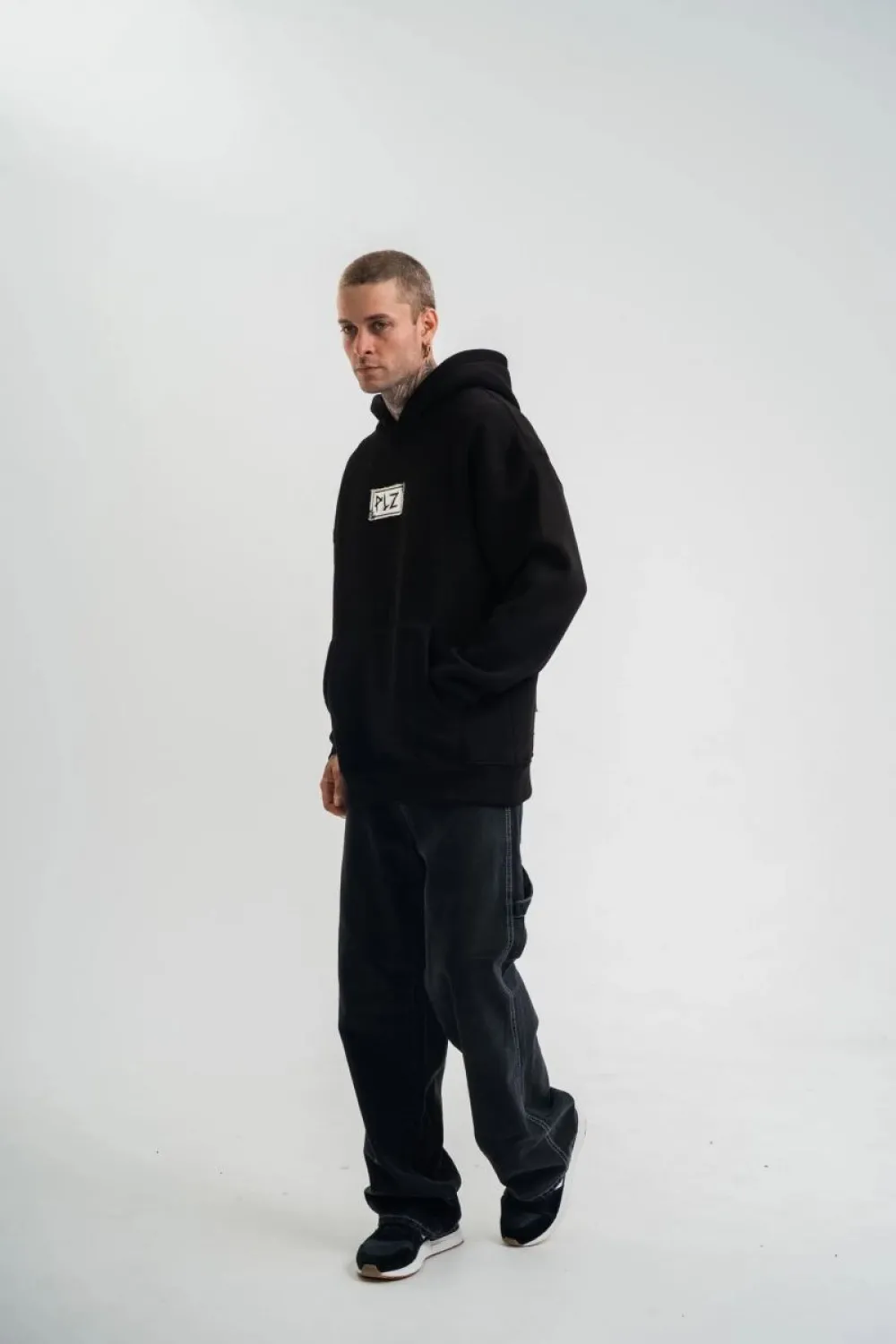 ERKEK 3 İplik Pamuklu Kapüşonlu Patchli Nakışlı Hoodie SweatShirt - Siyah