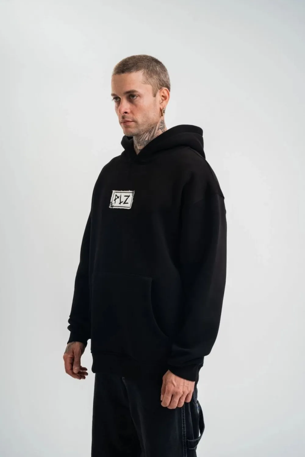ERKEK 3 İplik Pamuklu Kapüşonlu Patchli Nakışlı Hoodie SweatShirt - Siyah