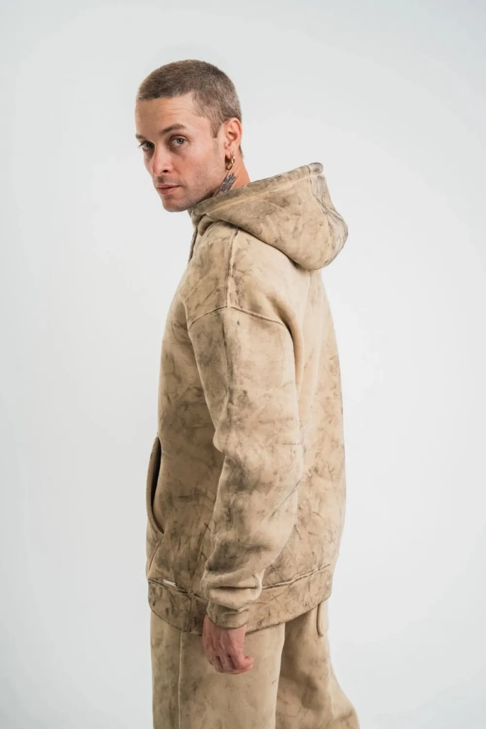ERKEK 3 iplik Pamuklu Oversize Kapüşonlu Yıkamalı Hoodie SweatShirt - Bej