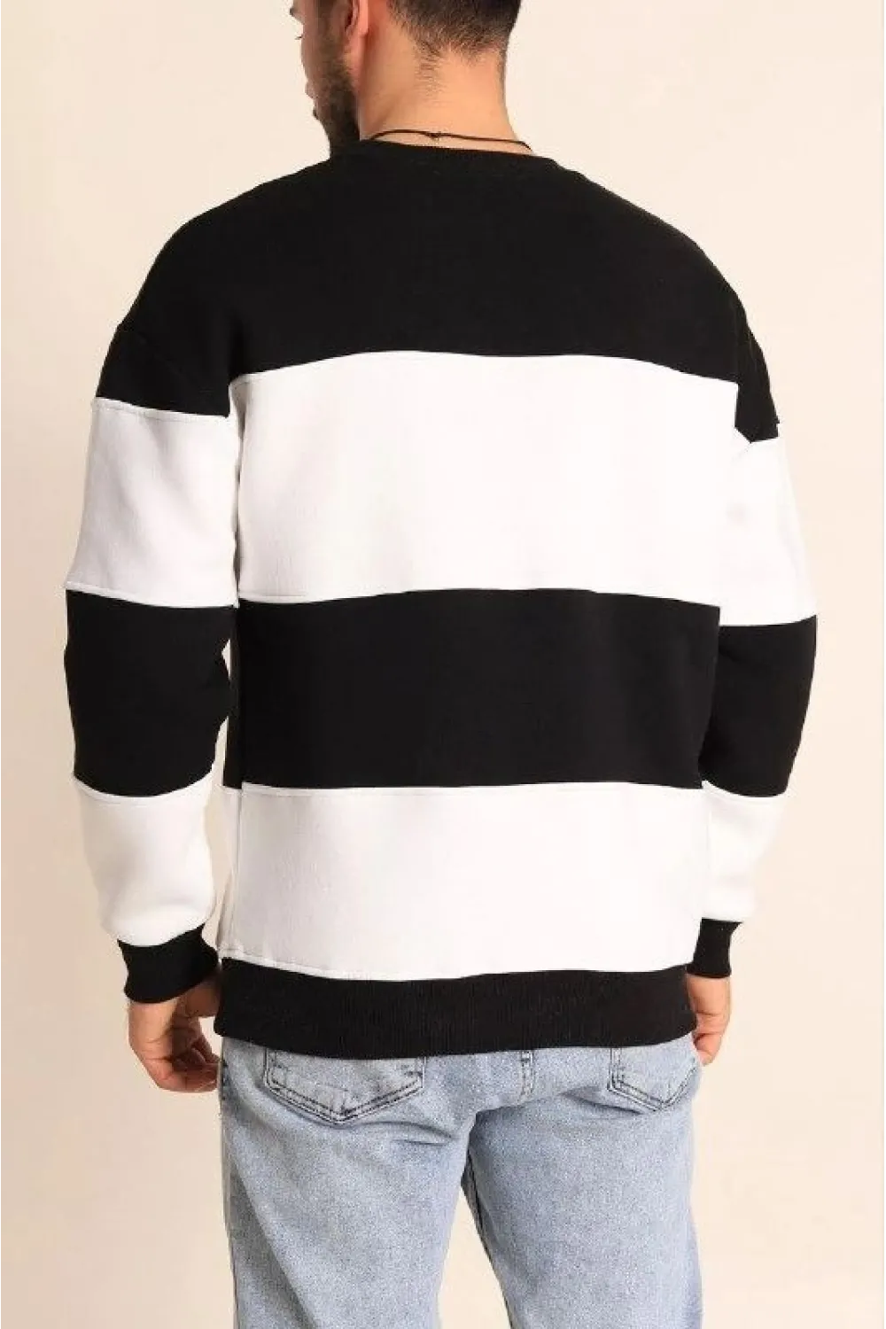 Erkek 3 iplik pamuklu Parçalı Bisiklet Yaka SweatShirt - Siyah