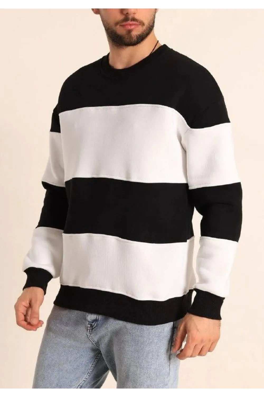 Erkek 3 iplik pamuklu Parçalı Bisiklet Yaka SweatShirt - Siyah