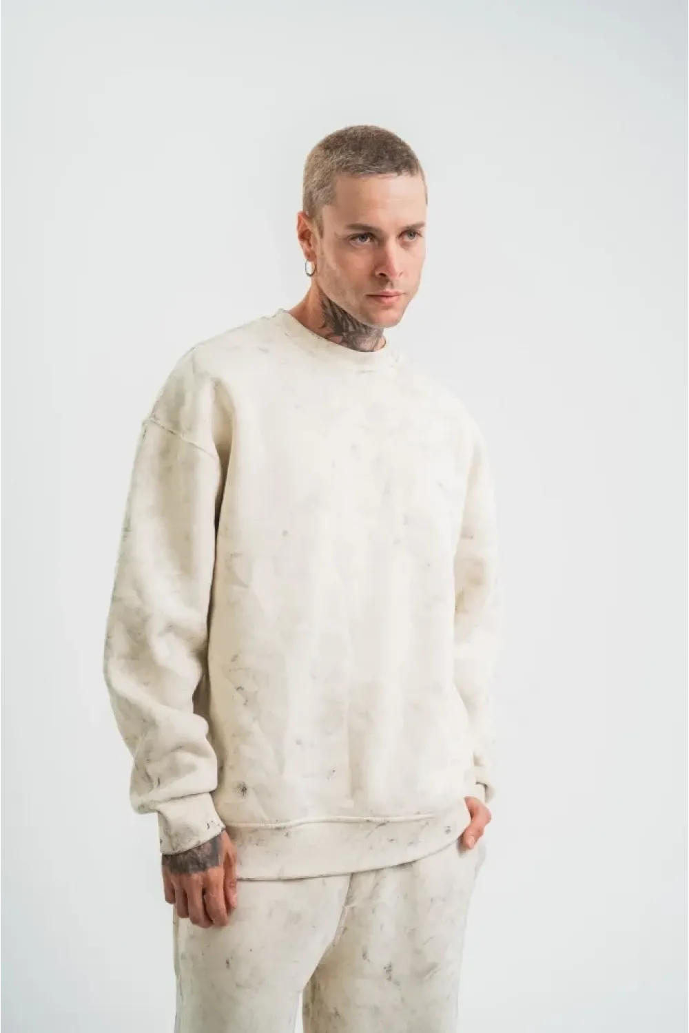 Erkek 3 İplik Pamuklu Yağ Yıkamalı Sweatshirt Double Oversize Bisiklet Yaka Uzun Kol - Krem