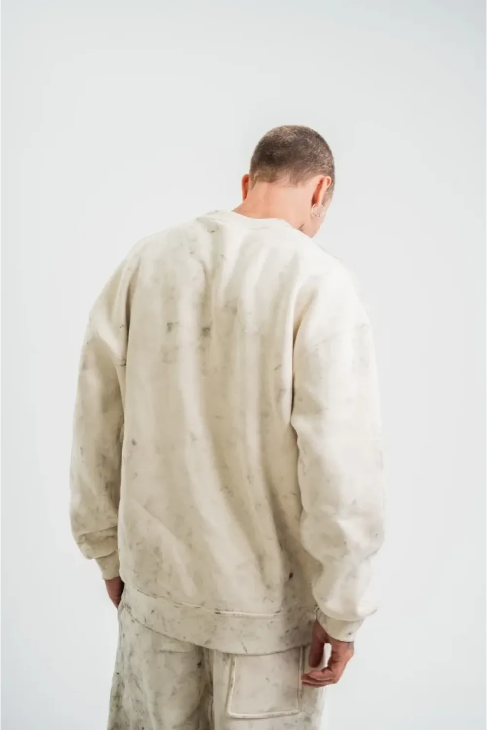 Erkek 3 İplik Pamuklu Yağ Yıkamalı Sweatshirt Double Oversize Bisiklet Yaka Uzun Kol - Krem