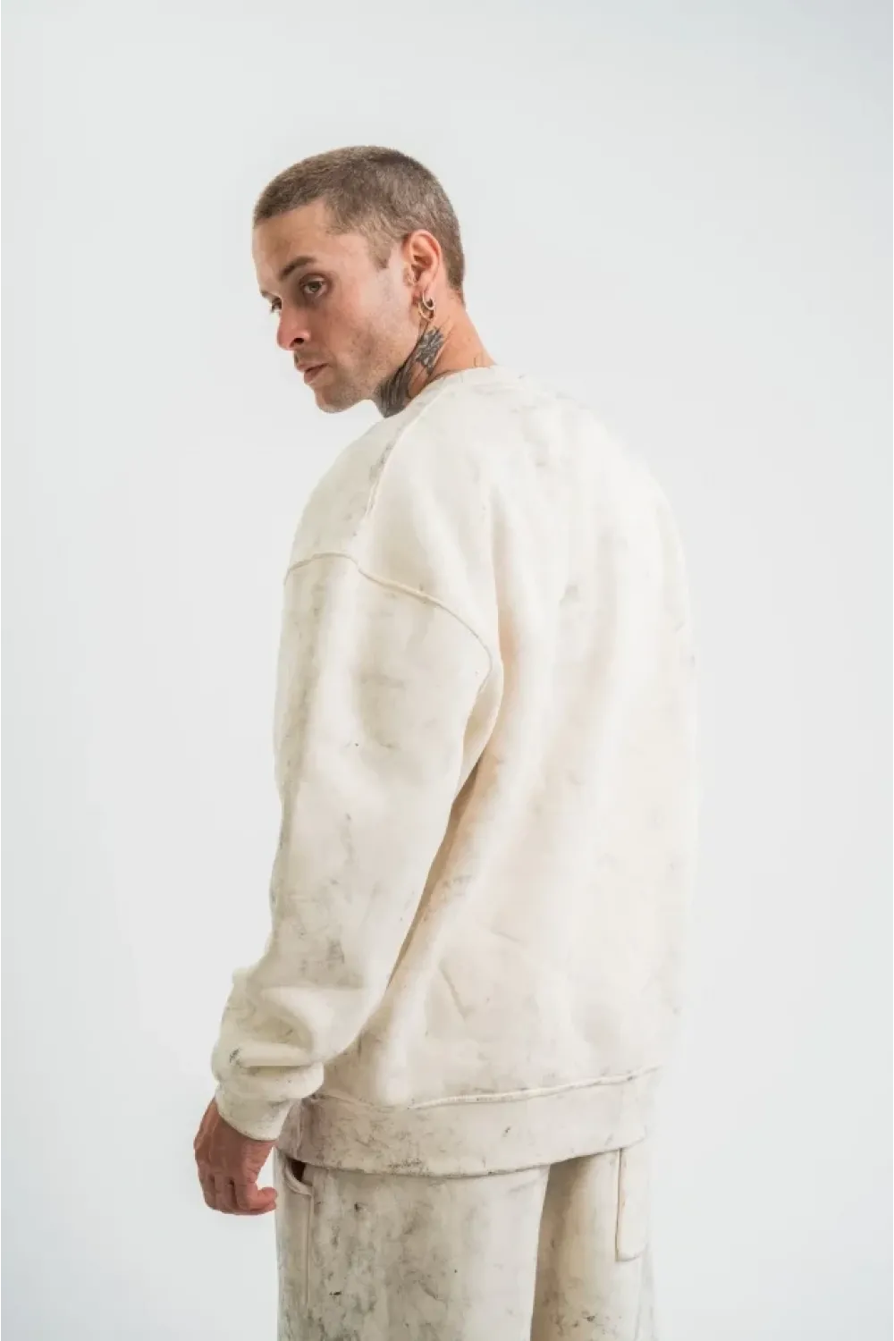 Erkek 3 İplik Pamuklu Yağ Yıkamalı Sweatshirt Double Oversize Bisiklet Yaka Uzun Kol - Krem