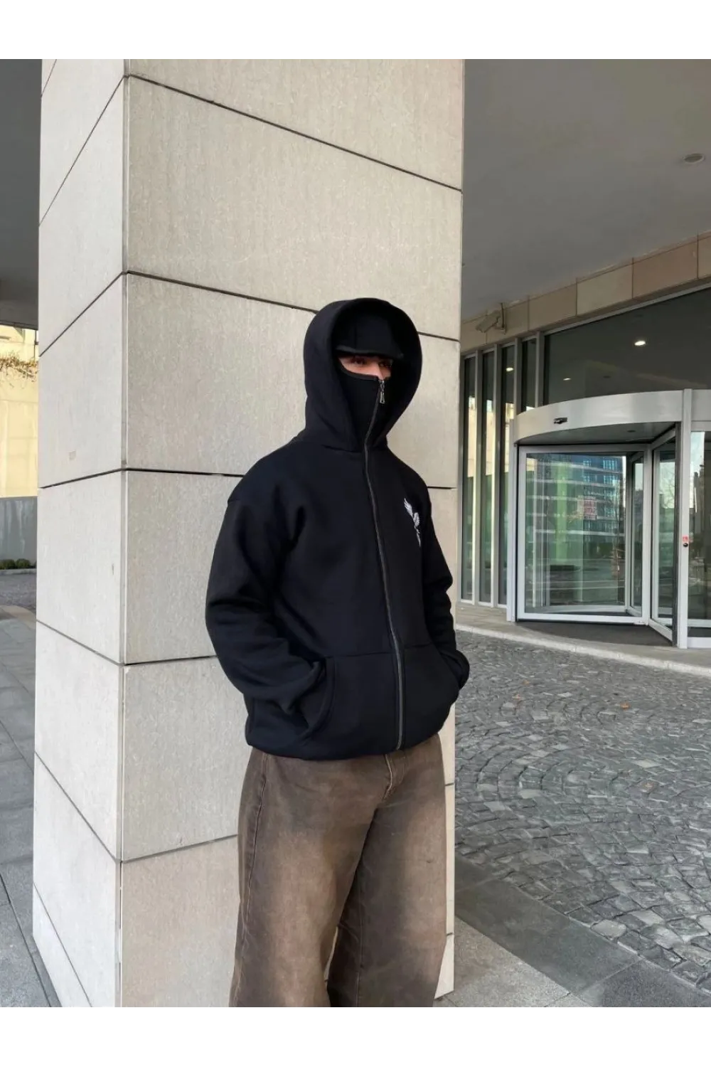 Erkek 3 iplik Samuray kapüşonlu ZIP Fermuarlı SweatShirt Hoodie - Siyah