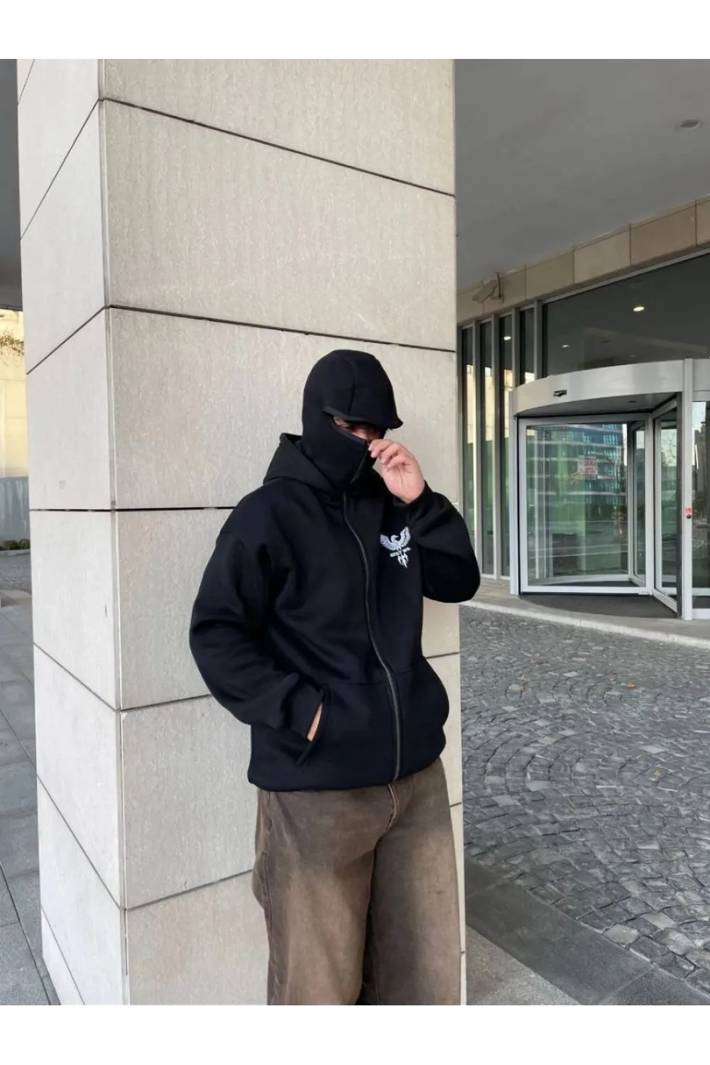 Erkek 3 iplik Samuray kapüşonlu ZIP Fermuarlı SweatShirt Hoodie - Siyah