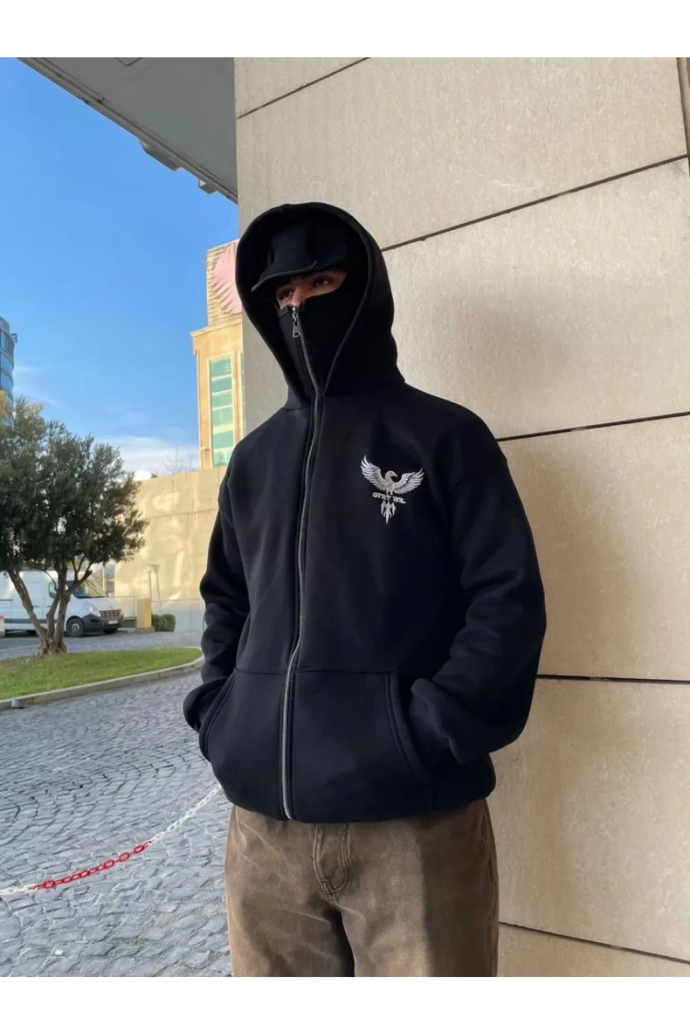 Erkek 3 iplik Samuray kapüşonlu ZIP Fermuarlı SweatShirt Hoodie - Siyah