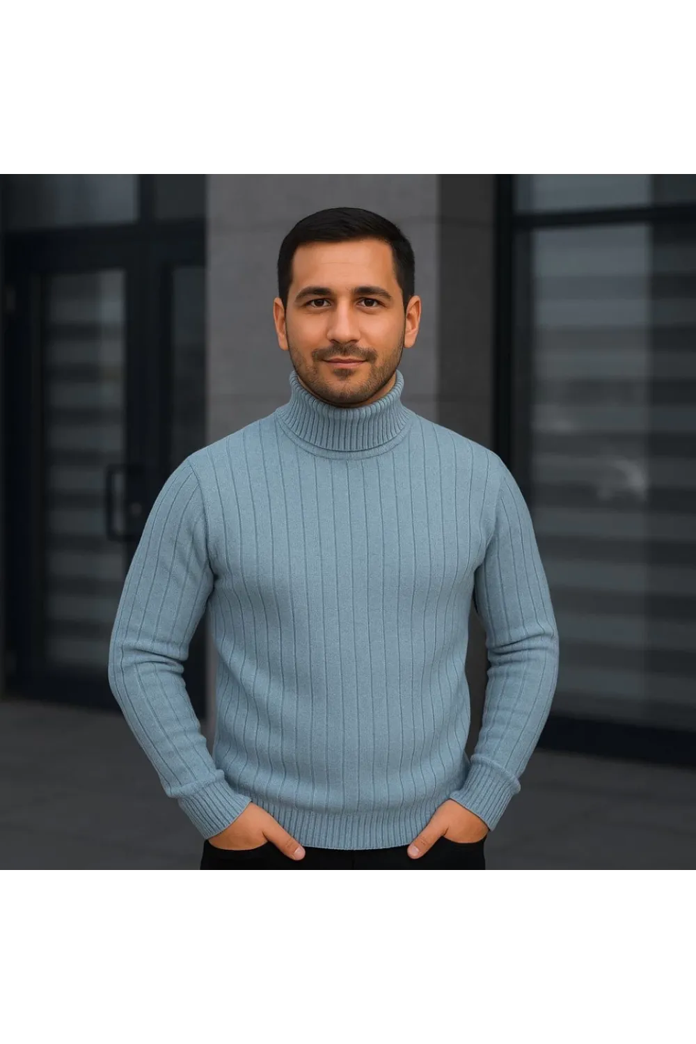 Erkek Balıkcı Yaka Bağazlı Triko Kazak Pamuklu Kalın Fitilli Dokuma, Regular Fit Uzun Kollu Kışlık Model - Bebe Mavisi