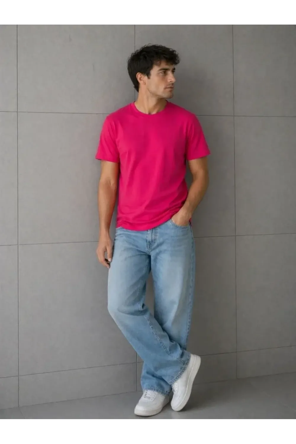 Erkek Basic Pamuklu Tişört Bisiklet Yaka Düz Renk Regular Fit T-Shirt - Fuşya