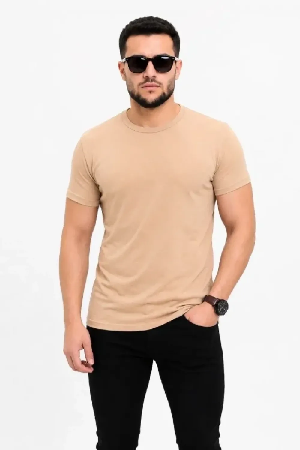 Erkek Basic Tişört Bisiklet Yaka Kısa Kol Günlük Yazlık Slim Fit T-Shirt - Bej