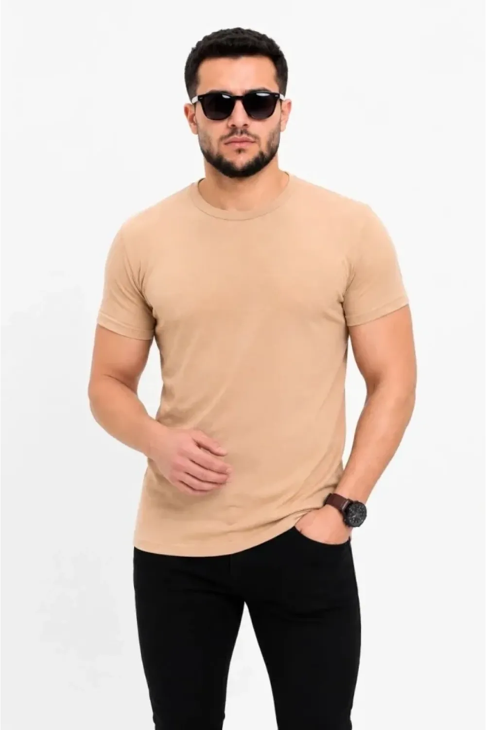 Erkek Basic Tişört Bisiklet Yaka Kısa Kol Günlük Yazlık Slim Fit T-Shirt - Bej