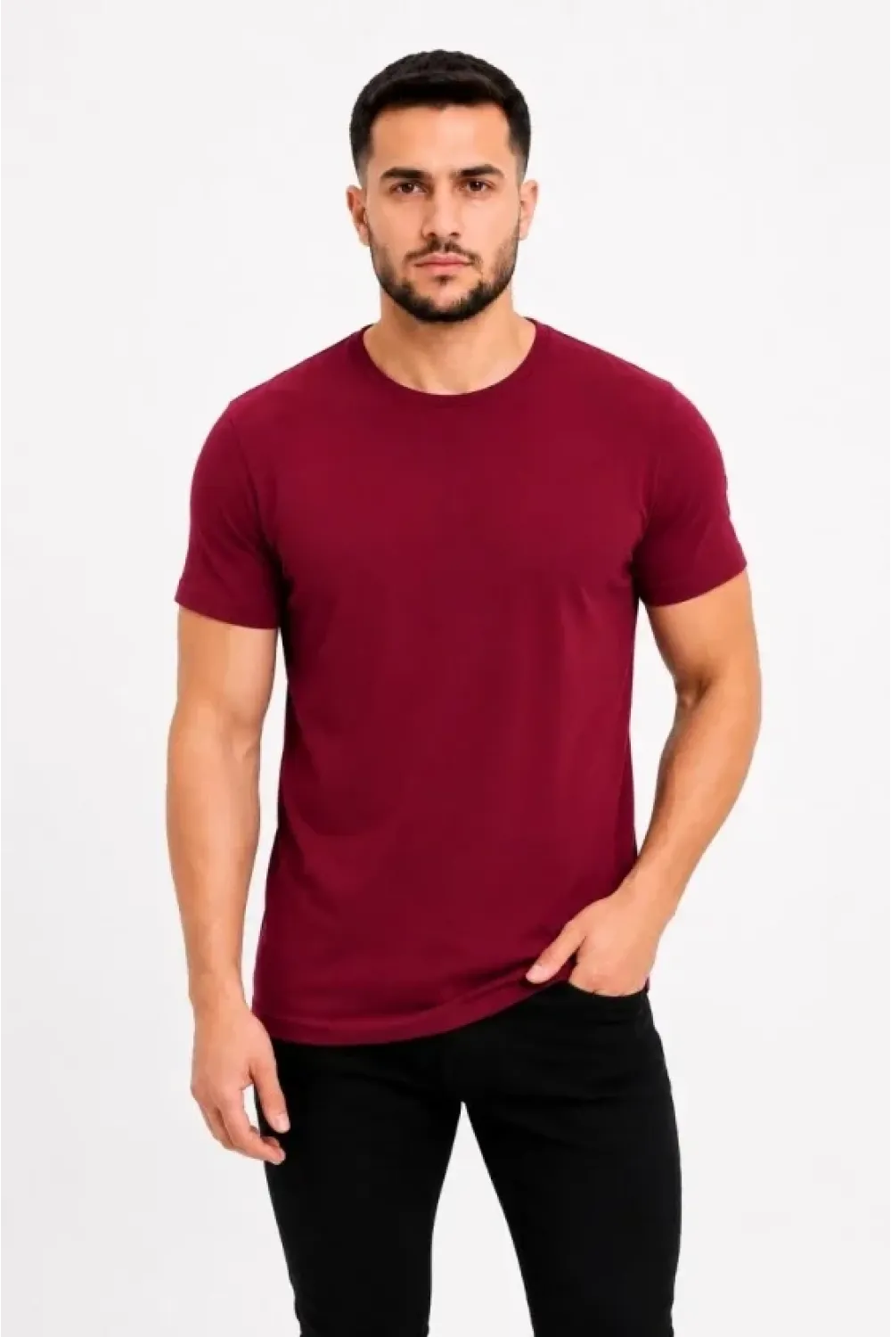 Erkek Basic Tişört Bisiklet Yaka Kısa Kol Günlük Yazlık Slim Fit T-Shirt - Bordo