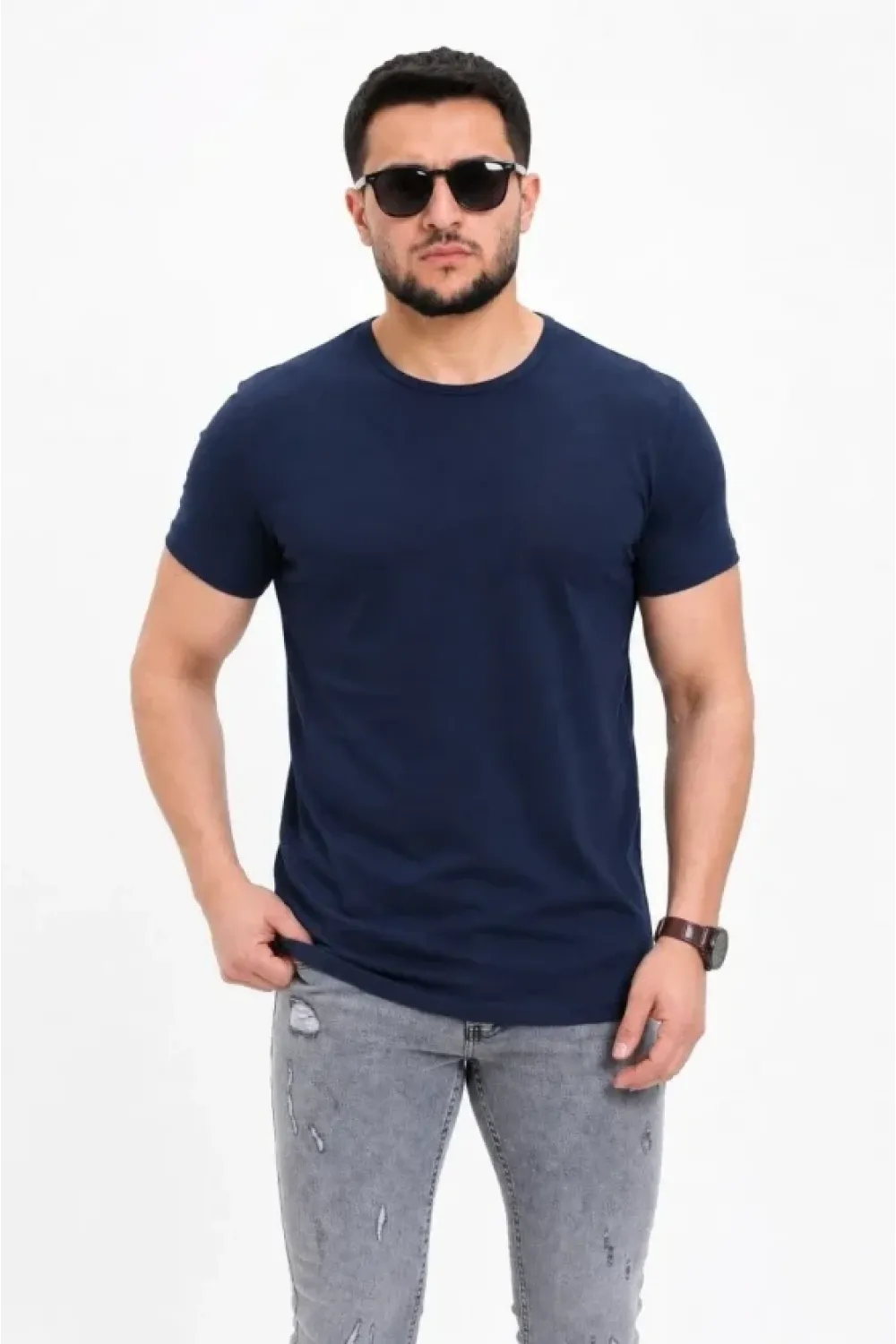 Erkek Basic Tişört Bisiklet Yaka Kısa Kol Günlük Yazlık Slim Fit T-Shirt - Lacivert