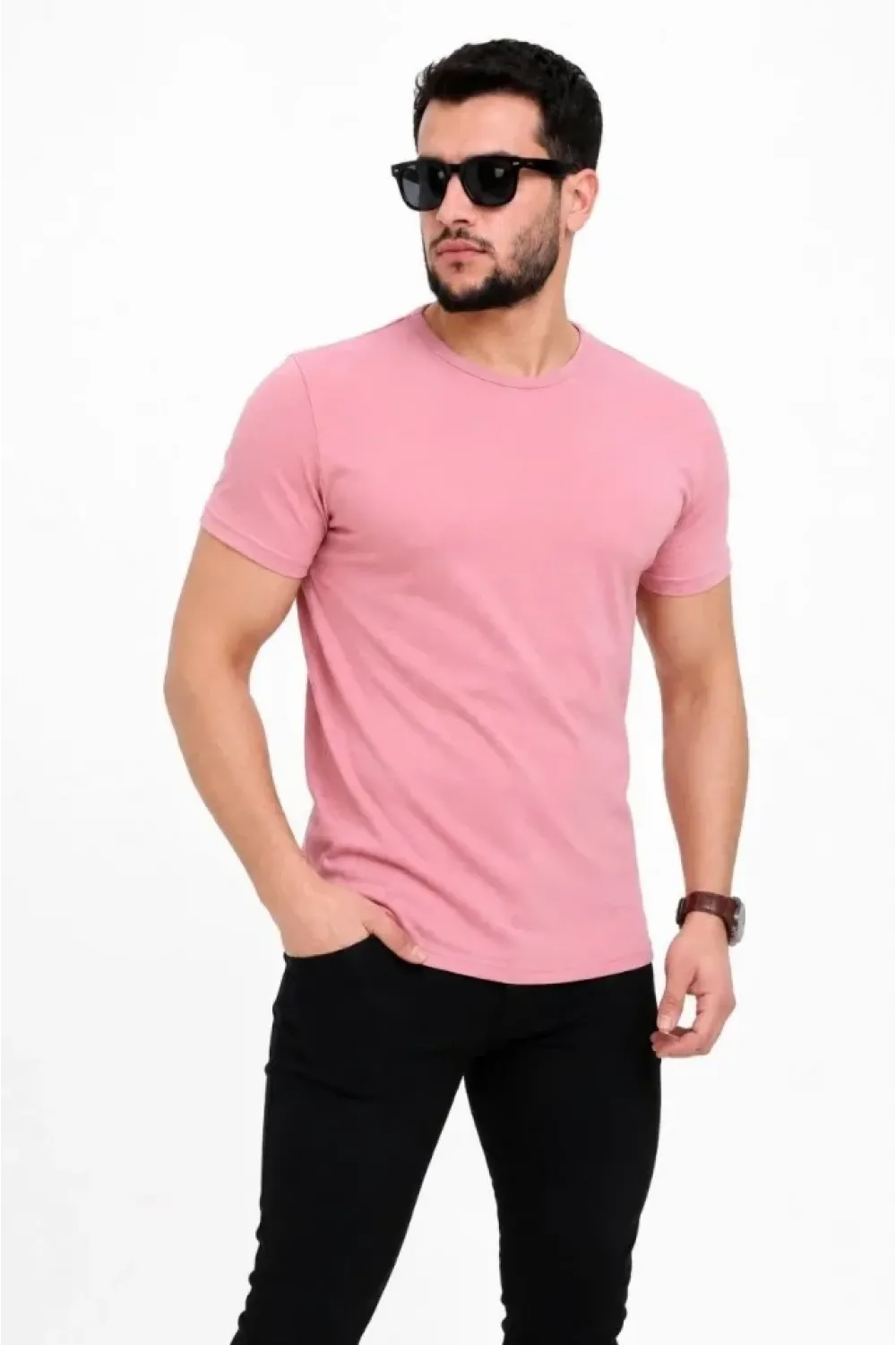 Erkek Basic Tişört Bisiklet Yaka Kısa Kol Günlük Yazlık Slim Fit T-Shirt - Pembe