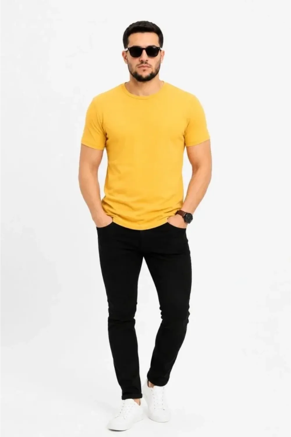 Erkek Basic Tişört Bisiklet Yaka Kısa Kol Günlük Yazlık Slim Fit T-Shirt - Sarı