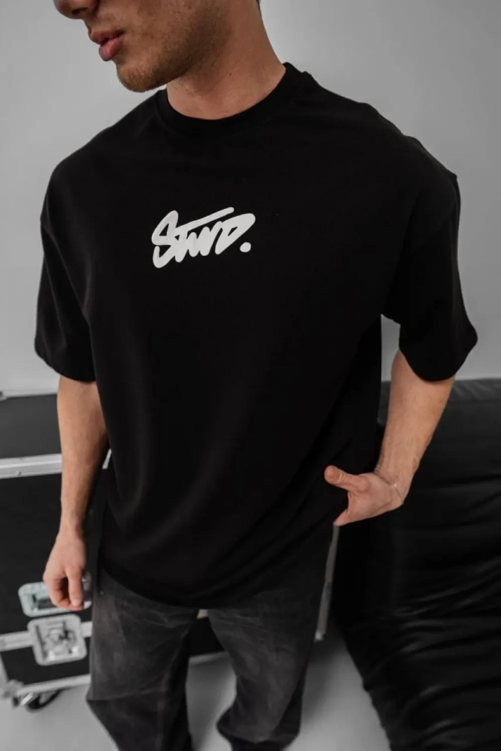 Erkek Baskılı Oversize T-shirt - Siyah