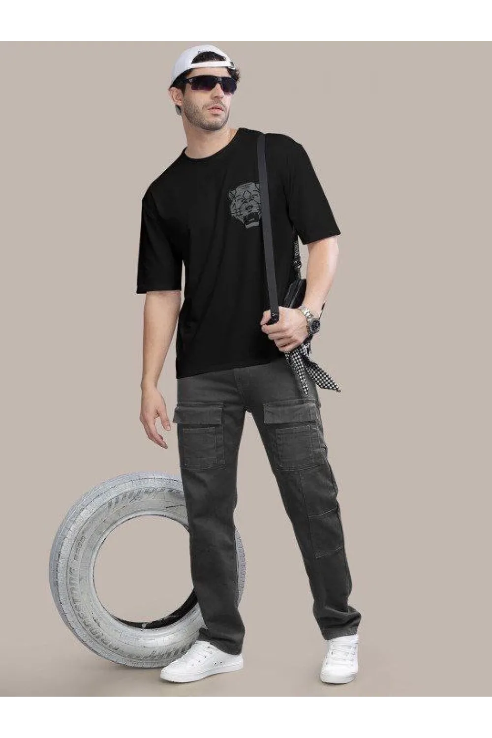 Erkek Baskılı Oversize T-shirt - Siyah