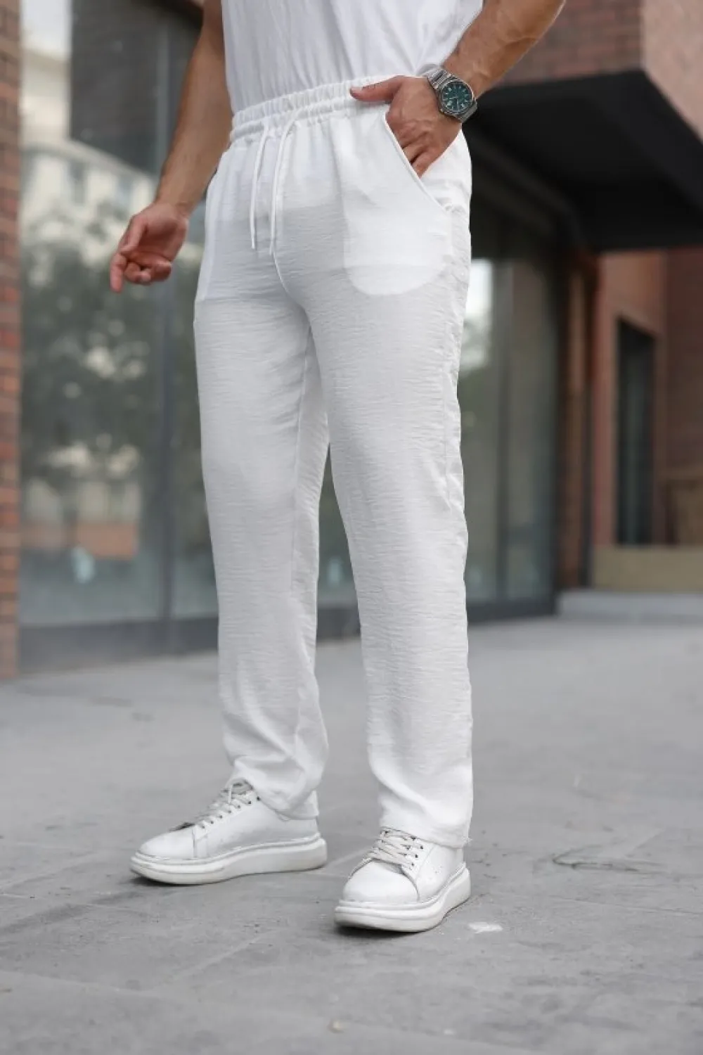 Erkek Beli Lastikli Pera Keten Pantolon
