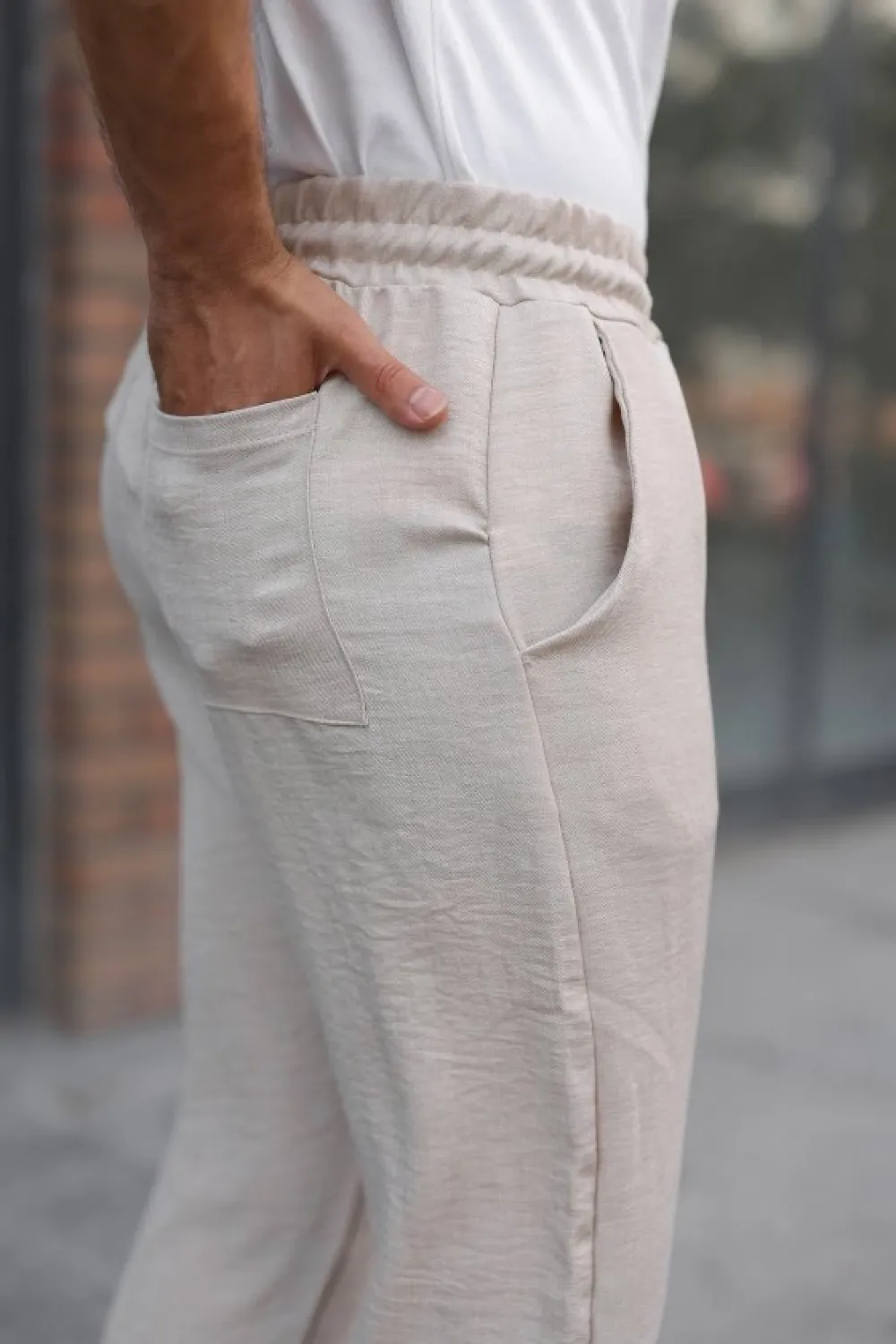 Erkek Beli Lastikli Pera Keten Pantolon