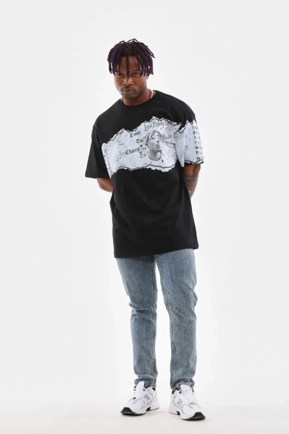 Erkek  Bisiklet Yaka Baskılı Oversize T-Shirt - Siyah