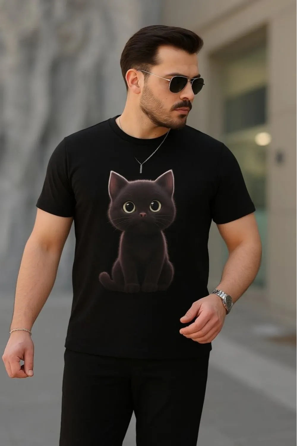 Erkek Bisiklet Yaka Kedi Baskılı Süprem T-shirt