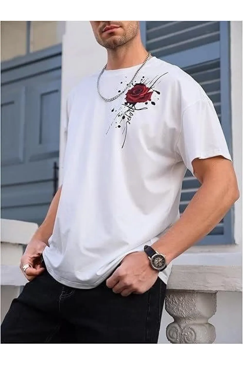 Erkek Bisiklet Yaka Kısa Kol Baskılı T-shirt - Beyaz