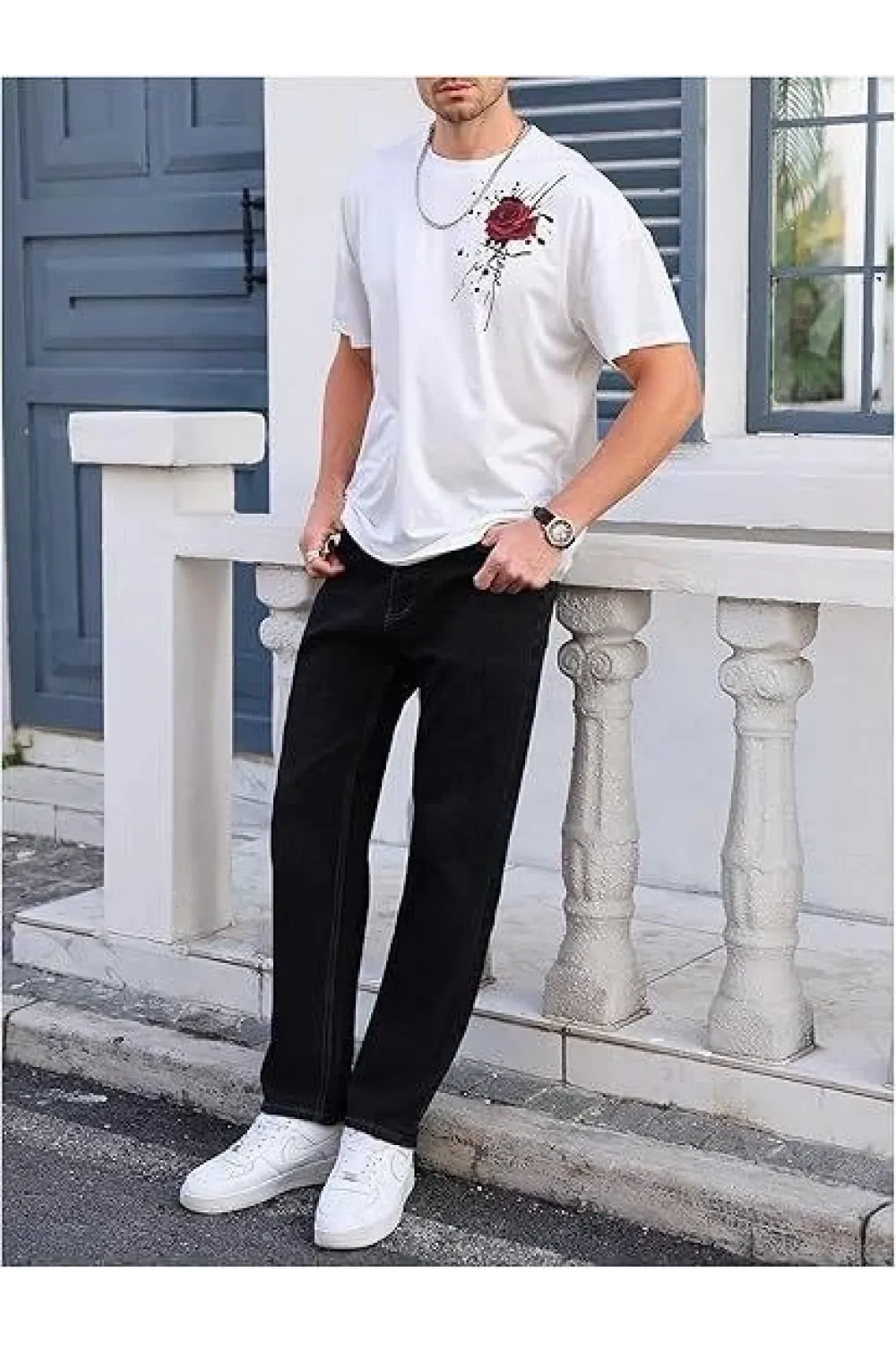 Erkek Bisiklet Yaka Kısa Kol Baskılı T-shirt - Beyaz