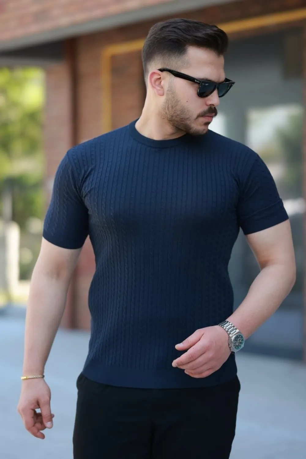 Erkek Bisiklet Yaka örgü Desenli Kısa örme Triko Kısa Kollu T-shirt