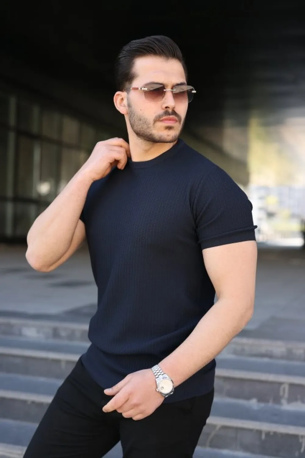 Erkek Bisiklet Yaka Petek Dokulu Kısa Kollu Triko Tişört